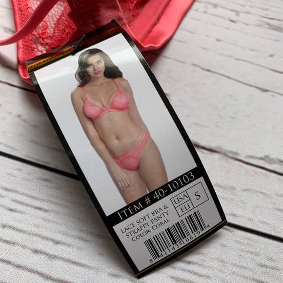 Small, Coral pink soft lace bra and strappy panty - Picture 9 of 9